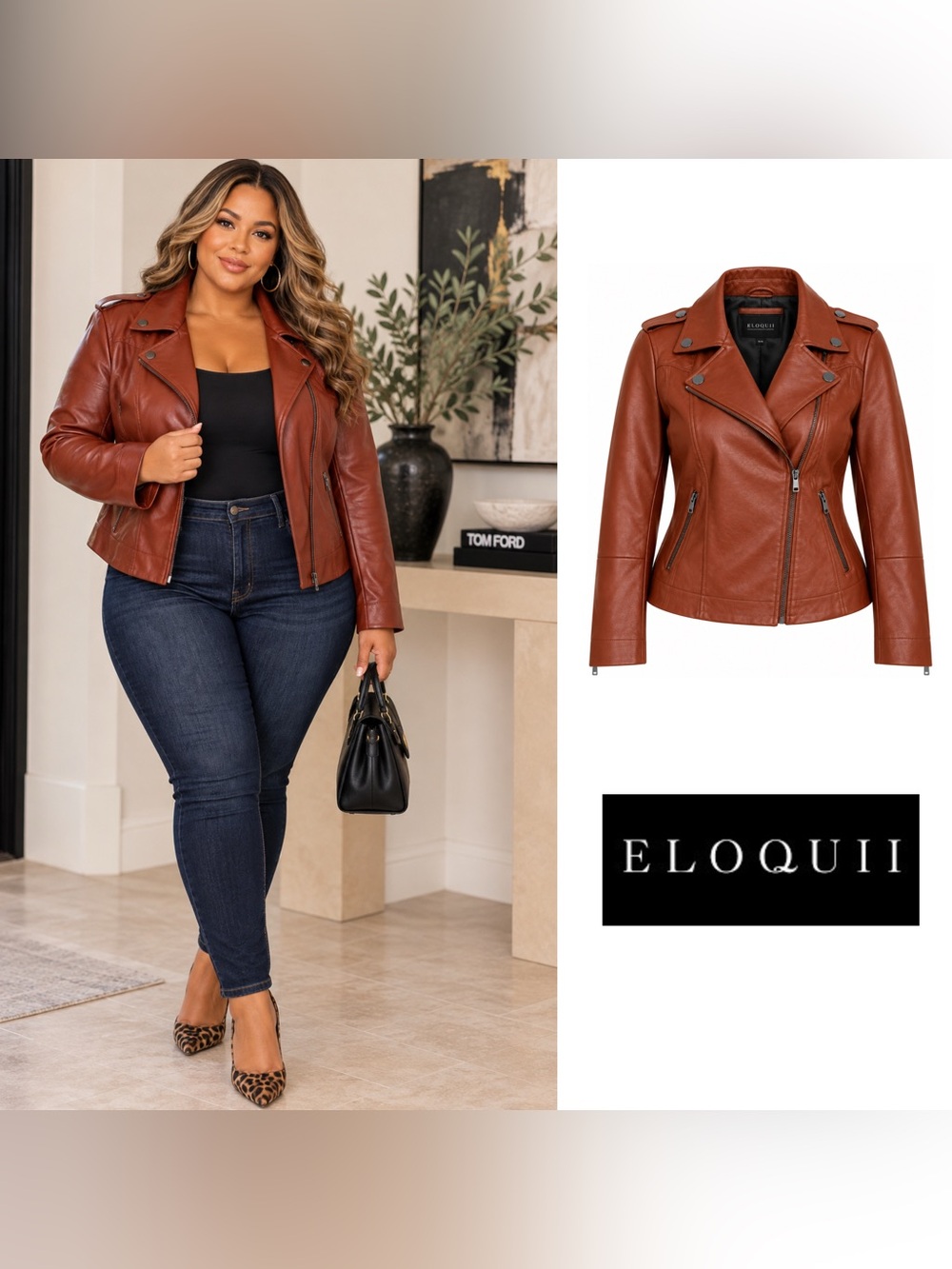 NEW Eloquii Rust Brown Faux Leather Moto Jacket